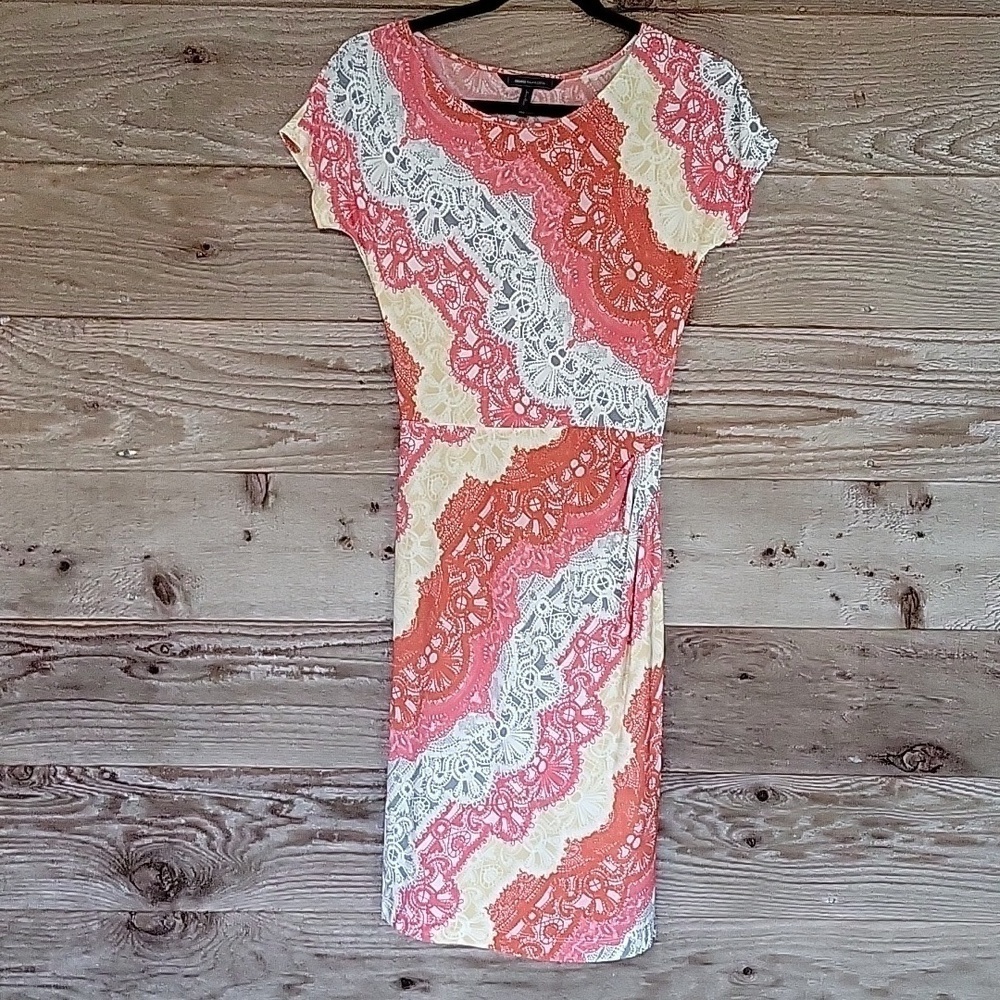 BCBGMAXAZRIA XXS Curry Red Combo Christelle Ruched Waist  Short Sleeve Dress